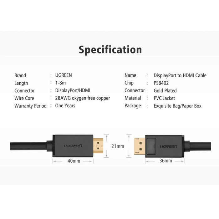 UGREEN Display Port 1.2 Male To Male Cable 1.5M (DP102/10245)
