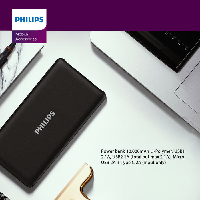Philips DLP6712N/11 Power Bank 10000mAh USB1 2.1A USB2 1A Macro USB 2A Plus Type C 2A